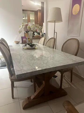 Carrara  Marble-top Dining Table French Oak Wooden Base (Seats 8-10)  by Restoration Hardware