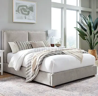 Light Grey Upholstered Double Bed with Padded Headboard