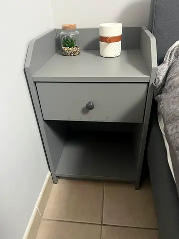 Compact grey bedside table with drawer and shelf x 2