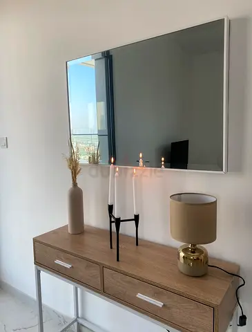 Modern Oak Console Table with Wall Mirror and Decor