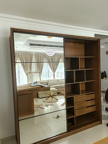 Large Wooden Wardrobe with Mirrored Doors and Open Shelves — Good Condition