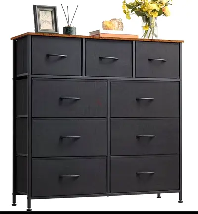 Tall 10-Drawer Black Storage Chest with Wood Top - Good Condition