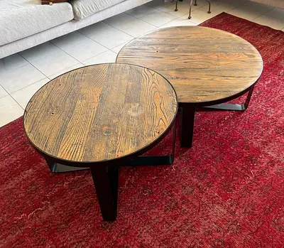 Set of 2 Round Wooden Nesting Coffee Tables - Rustic Top, Black Legs