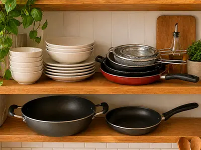 Set of Non-stick Pans and Wok with Strainers and Bowls and crockery