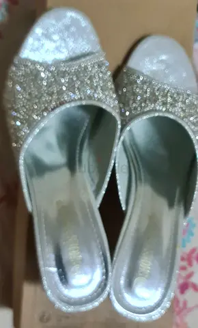 Silver glittered slip-on dress sandals, size unknown, lightly used