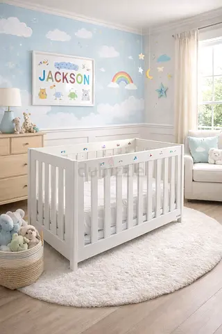 White Wooden Baby Crib in with mattress