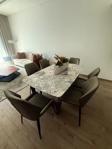 Marble-top Dining Table with 6 Modern Chairs - Excellent Condition
