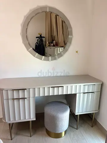 3-Drawer + 2-Cabinet Dresser - Ripple Collection + Wall Mirror + Stool Light (Taupe/Muted Gold)