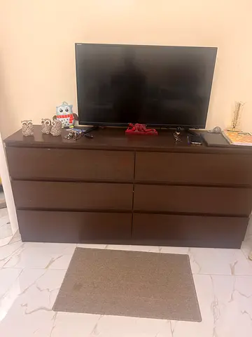 Dark wood TV cabinet / entertainment unit - 6-drawer compact design