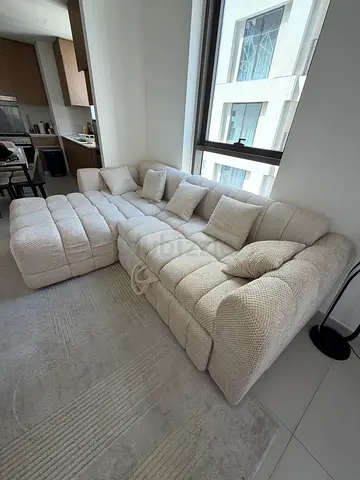 Lot of 3: Modular Sofa + Round Coffee Table + Large Rug — Beige Set