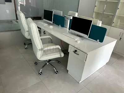 White 4-Seat Office Workstation Desk with Storage Pedestals and Privacy Screens