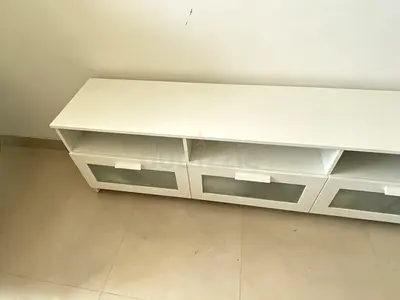 White TV Stand / Entertainment Unit with Glass Drawer Fronts