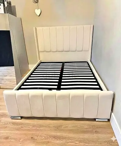 Upholstered Double Bed Frame with Headboard - Cream/Beige