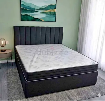 Grey Upholstered Double Bed with Headboard and Mattress