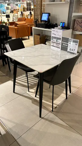 Marble-top Dining Table with 2 Black Chairs - Used Display Unit