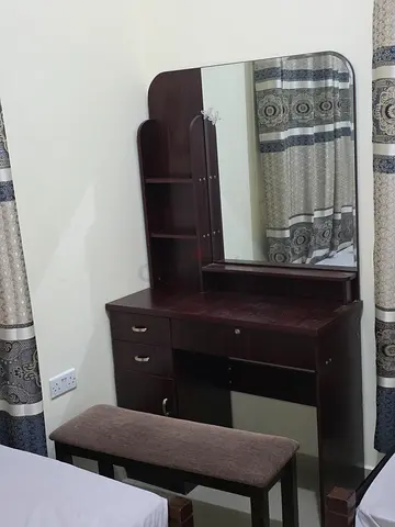 Wooden Dressing Table with Mirror and Stool - Dark Brown