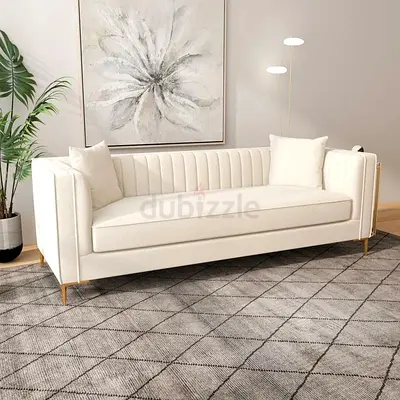 Modern Cream Fabric Sofa - 3-Seater with Gold Legs