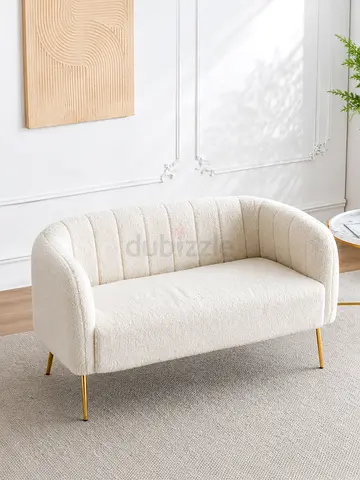 Compact 2-Seater Curved Bouclé Sofa with Gold Legs - Cream