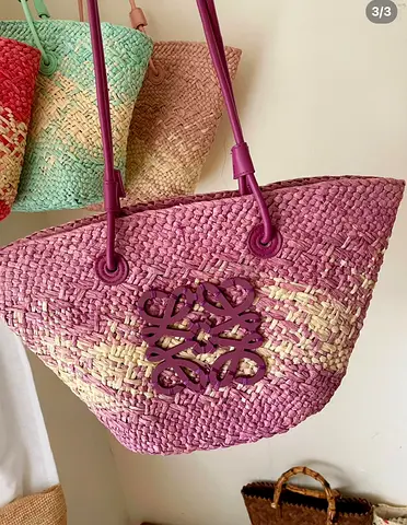 Loewe Pink Woven Straw Tote Bag with Leather Handles