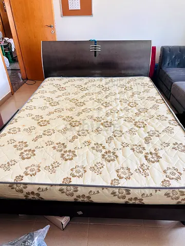 Queen bed frame with mattress - solid wood headboard, good condition