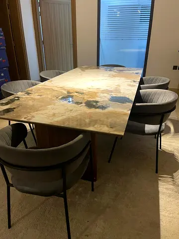 Large Marble-Top Dining Table with 6 Upholstered Chairs - Excellent Condition
