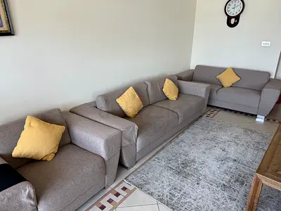 Light Grey Beige 3-Seater Sofa with Armchairs and Cushions - Excellent Condition