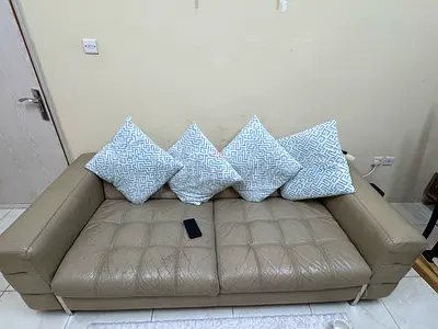 Beige Leather 3-Seater Sofa with Cushions - Good Condition
