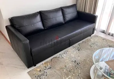Black Leather 3-Seater Sofa -bed with storage Good Condition