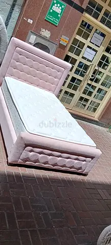 Single Pink Upholstered Bed with Mattress (Good Condition)
