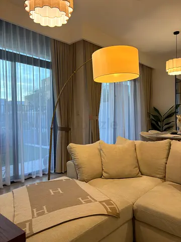 Brass Arc Floor Lamp with White Drum Shade - Good Condition