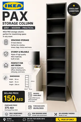IKEA PAX Tall Storage Column - Grey, Excellent Condition