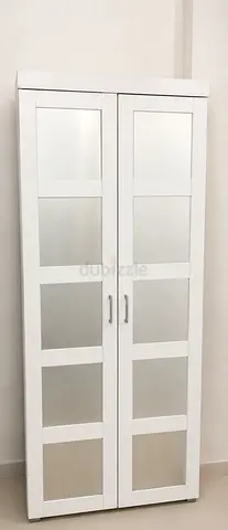 White Tall Wardrobe with Glass Panels - Good Condition