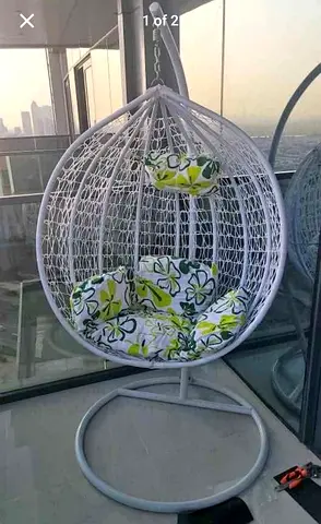 White Rattan Egg Swing Chair with Stand — Cushioned Hanging Chair