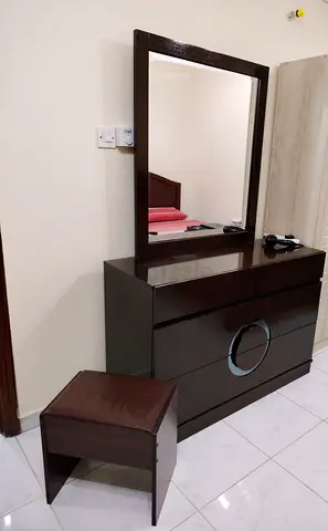 Dark Wood Dresser with Mirror and Stool - Good Condition