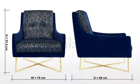 Blue Velvet Armchair with Leopard Print Cushions and Gold Base