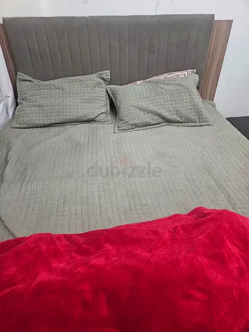 Queen Bed with Upholstered Headboard, Side tables, and Matress- Good Condition