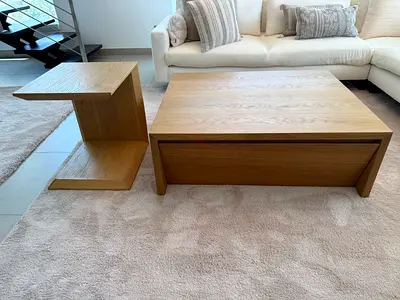 Crate  Barrel oak wood coffee table with 2 large drawers and side table set.