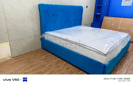 Blue Upholstered Queen Bed with Headboard (New)
