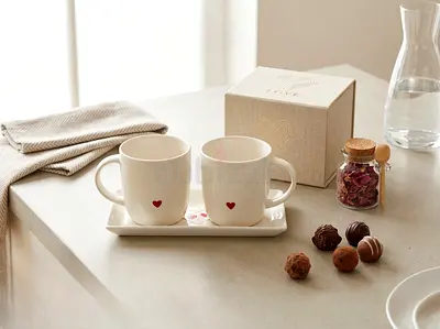 Set of 2 Ceramic Love Mugs with Tray - IKEA(MUST GO)