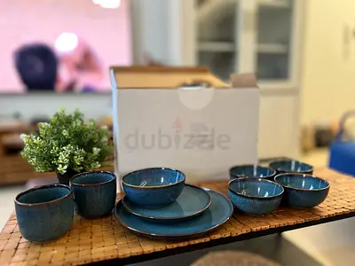 Set of Blue Ceramic Dinnerware - Plates, Bowls  Cups (18 pieces + 6 extra)