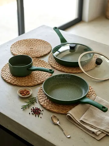 3-piece Nonstick Green Frying Pan and Saucepan Set with Glass Lids(MUST GO)