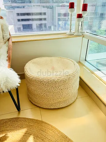 Handwoven Cream Knit Pouf/Ottoman - Cozy Seat