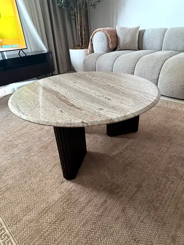 Round Travertine Coffee Table with Dark Ribbed Wood Legs - Solid, Elegant