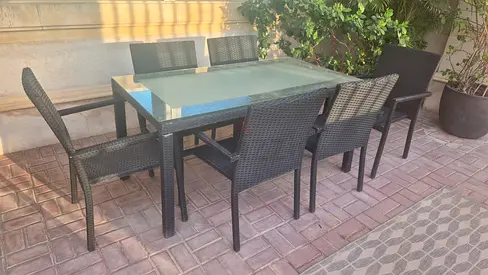 6-Seater Outdoor Rattan Dining Set with Glass Top