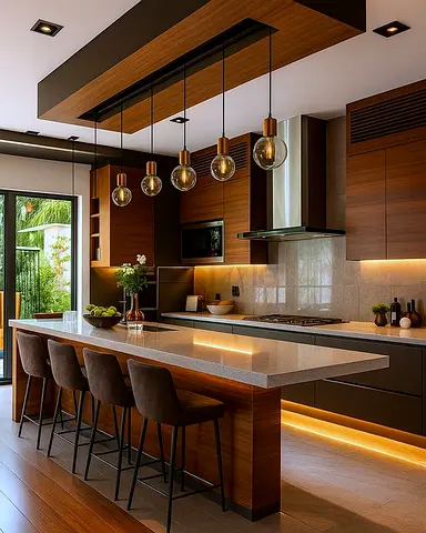 Modern Wood Finish Kitchen Island with 4 Bar Stools
