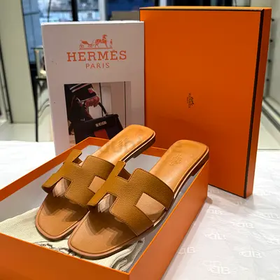 Hermes Oran Leather Slide Sandals - Brown, Size Available 39.5