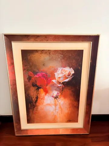 Framed Floral Oil-Style Painting with Bronze Frame that’s signed.