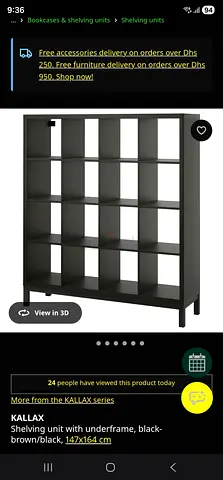 IKEA KALLAX 4x4 Shelving Unit with Underframe, Black-Brown, 147x164 cm