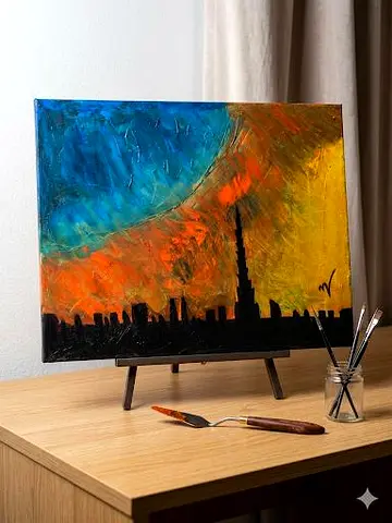 Original Oil Cityscape Painting with Burj Khalifa Silhouette 60x40cm