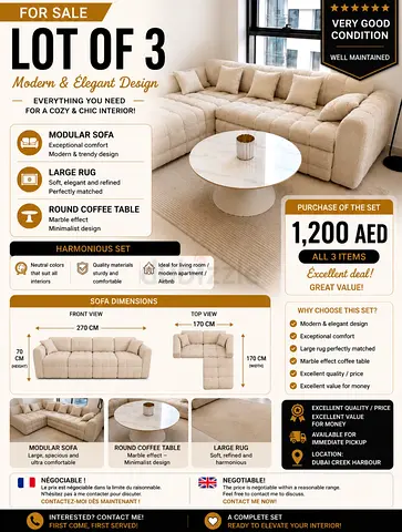 Lot of 3: Modular Sofa + Round Coffee Table + Large Rug — Beige Set